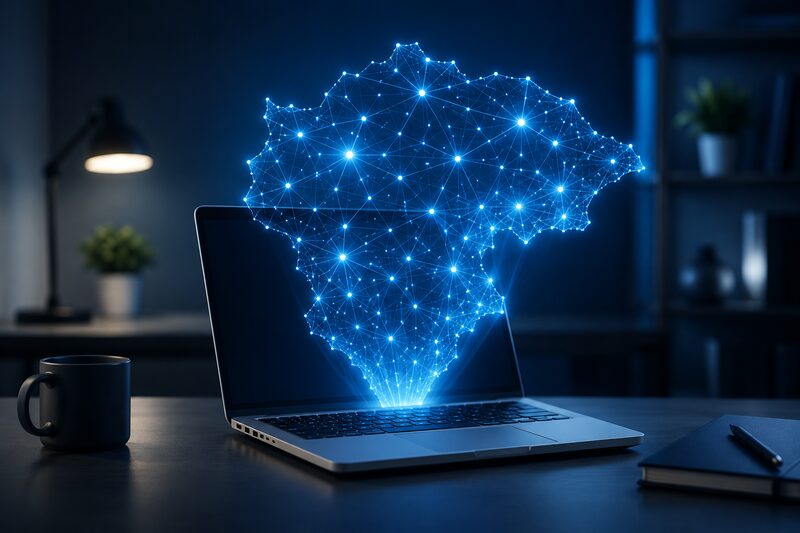 Laptop projecting a glowing network map of Canada, representing remote IT support across the country