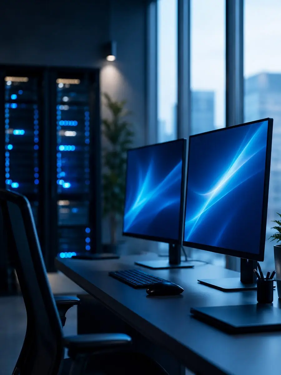 Modern small-business office at dusk with a desktop workstation and server rack