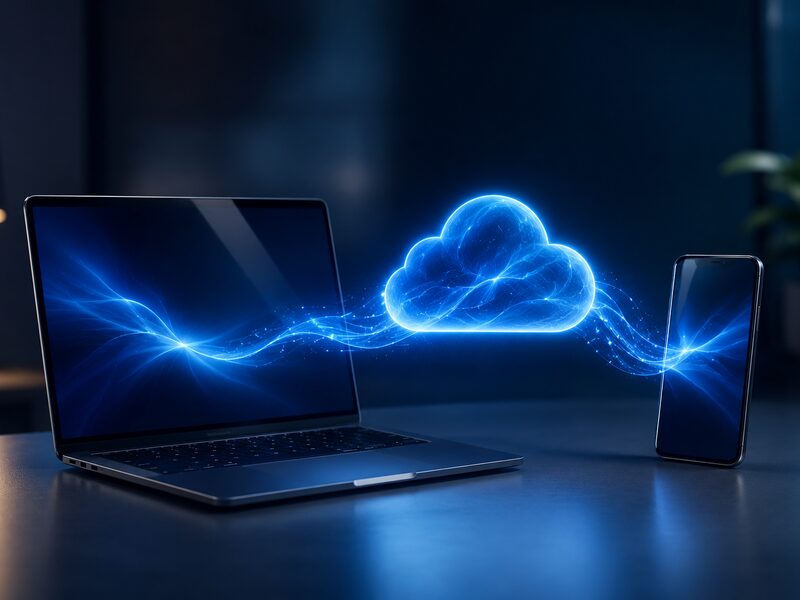 Laptop and phone connected to a glowing cloud icon