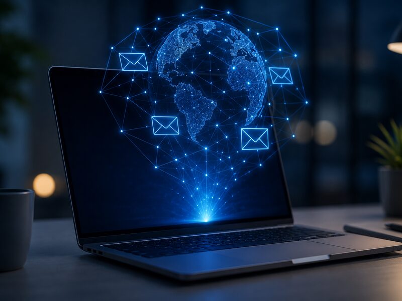 Laptop with a glowing globe and email icons representing online business setup
