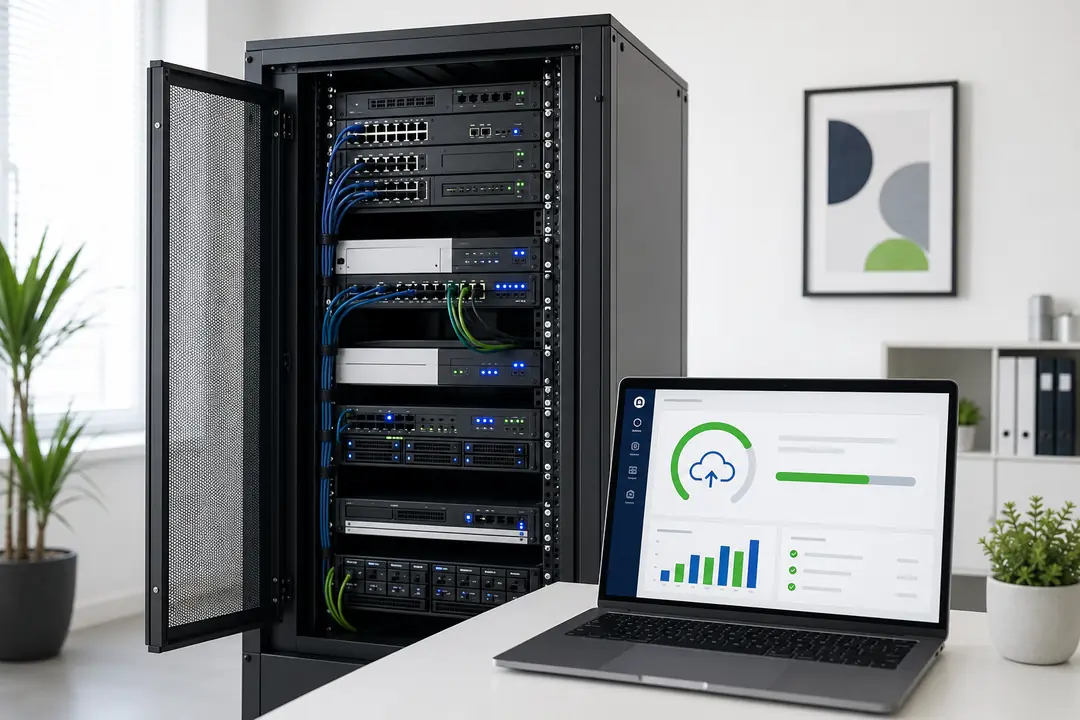 Server rack and a laptop showing a business backup dashboard