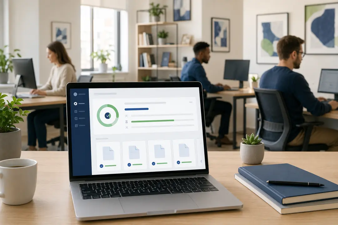 Office team working with a backup and continuity dashboard on a laptop