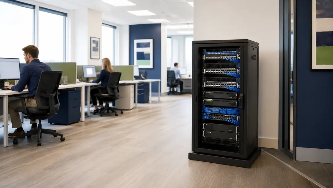 Server rack in a busy business office