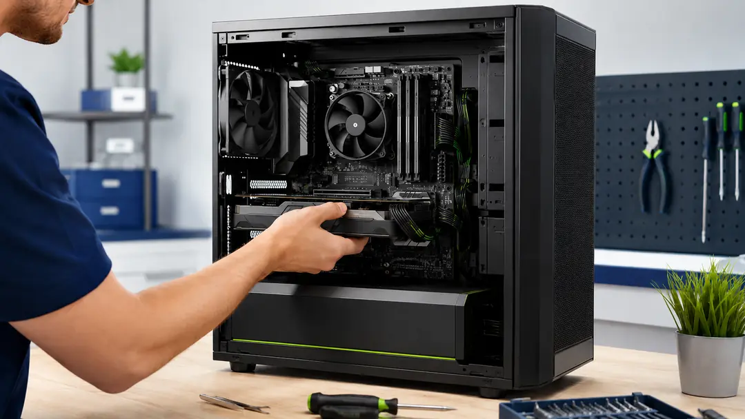 Technician installing a graphics card in an open desktop PC