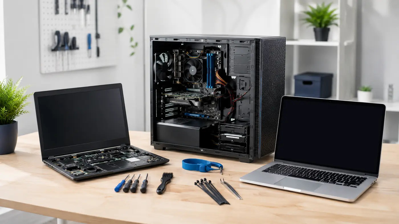 Laptop, desktop tower, and MacBook on a repair bench with tools