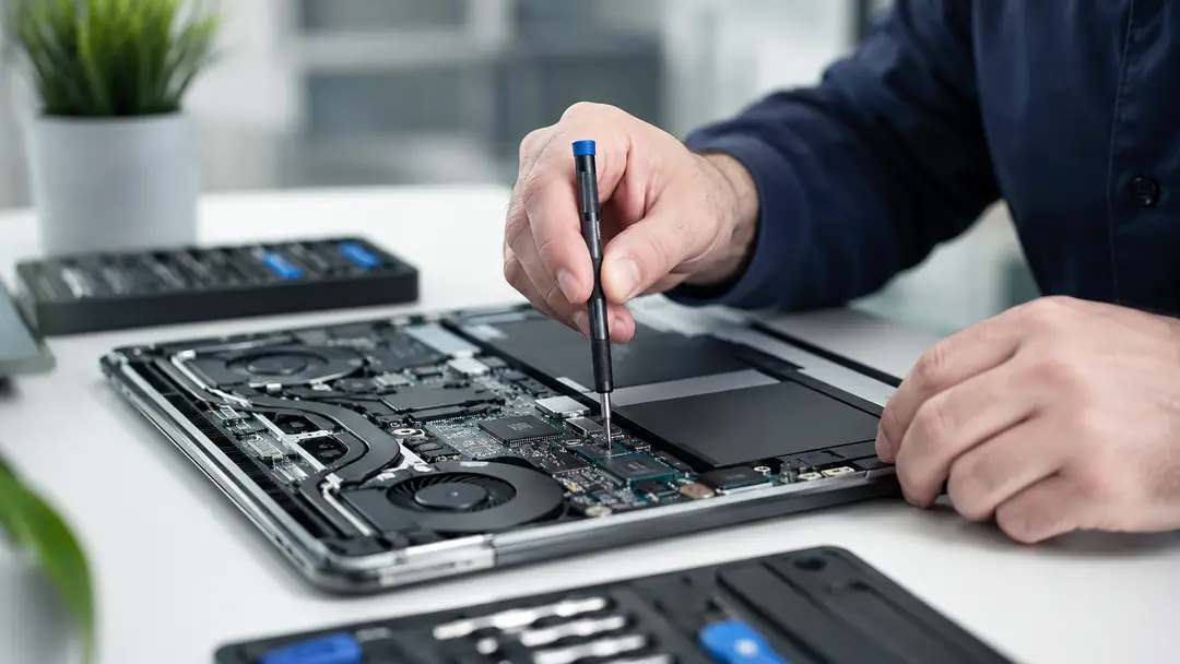 Technician repairing an open laptop with a precision screwdriver