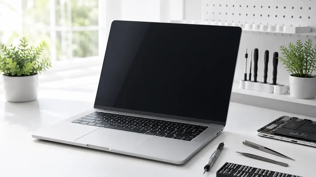 MacBook open on a bright desk beside a repair toolkit