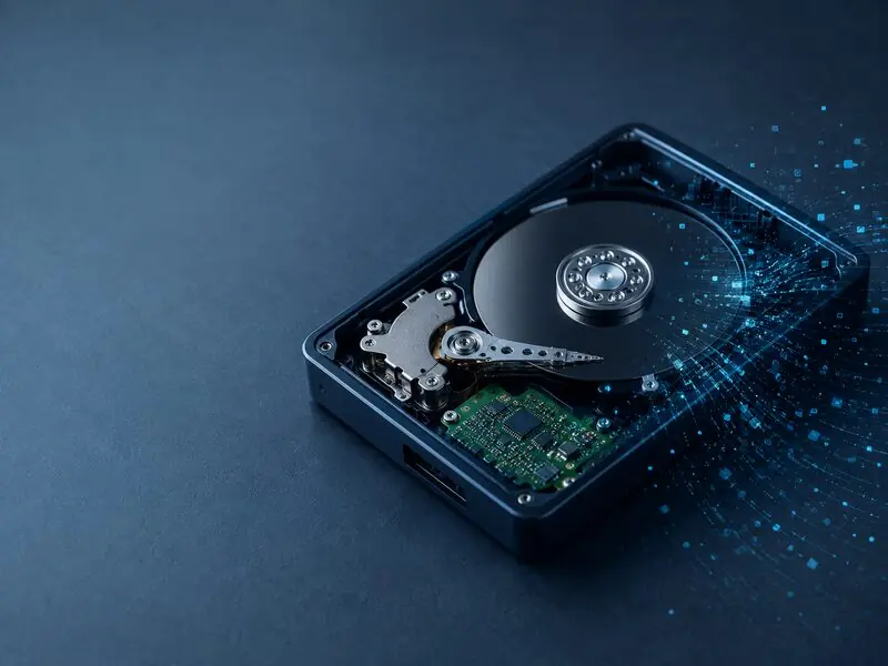 Open hard drive with data dispersing into light particles