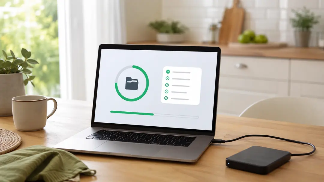 Laptop backup dashboard beside an external hard drive on a home desk
