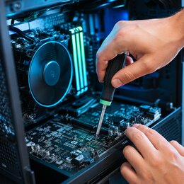 Technician repairing a computer's internals with a screwdriver