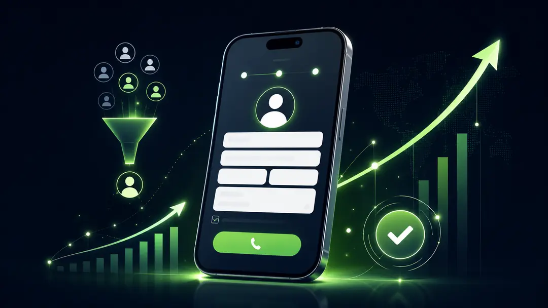 Lead generation shown on a phone with a contact form and growth charts