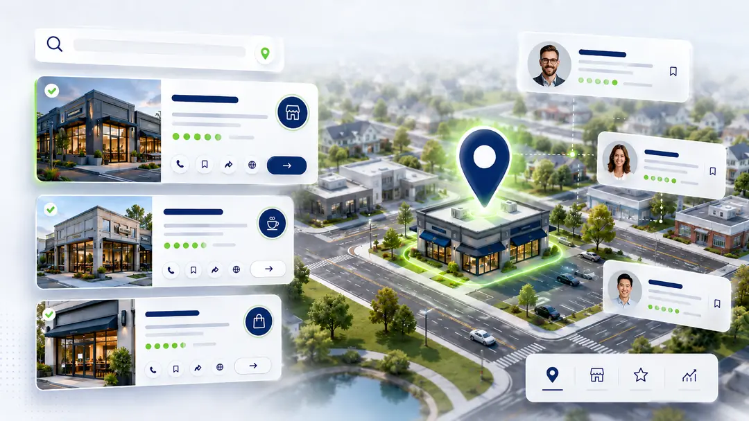 Local SEO map view with business listings and customer reviews