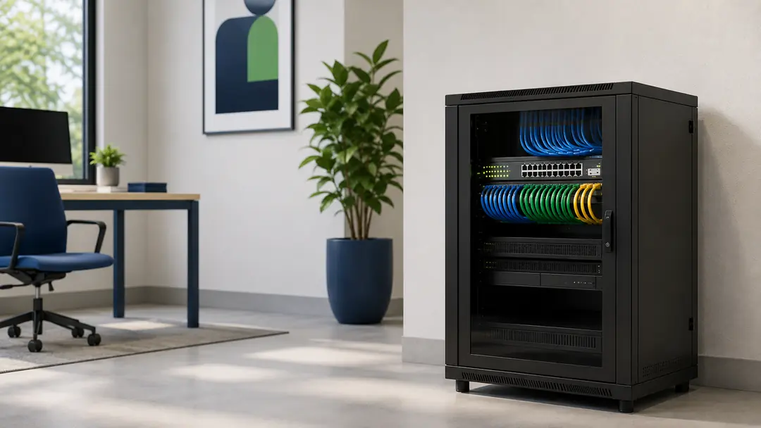 Business network server rack in an office
