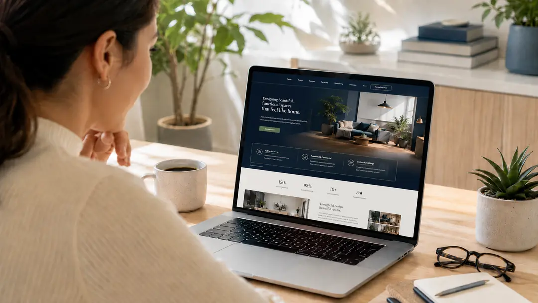 Business owner reviewing a professionally designed website on a laptop