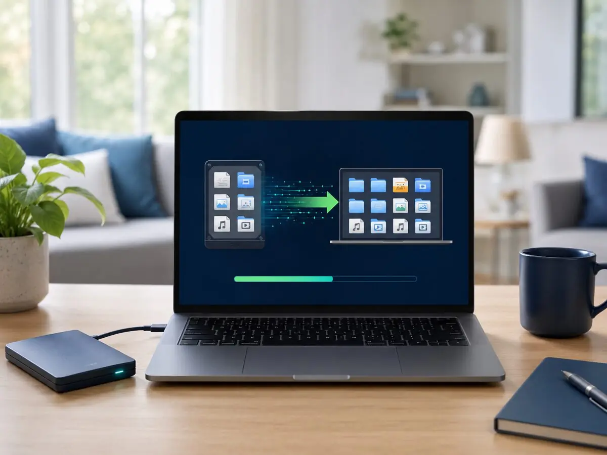 Warm home data backup copying files on a laptop