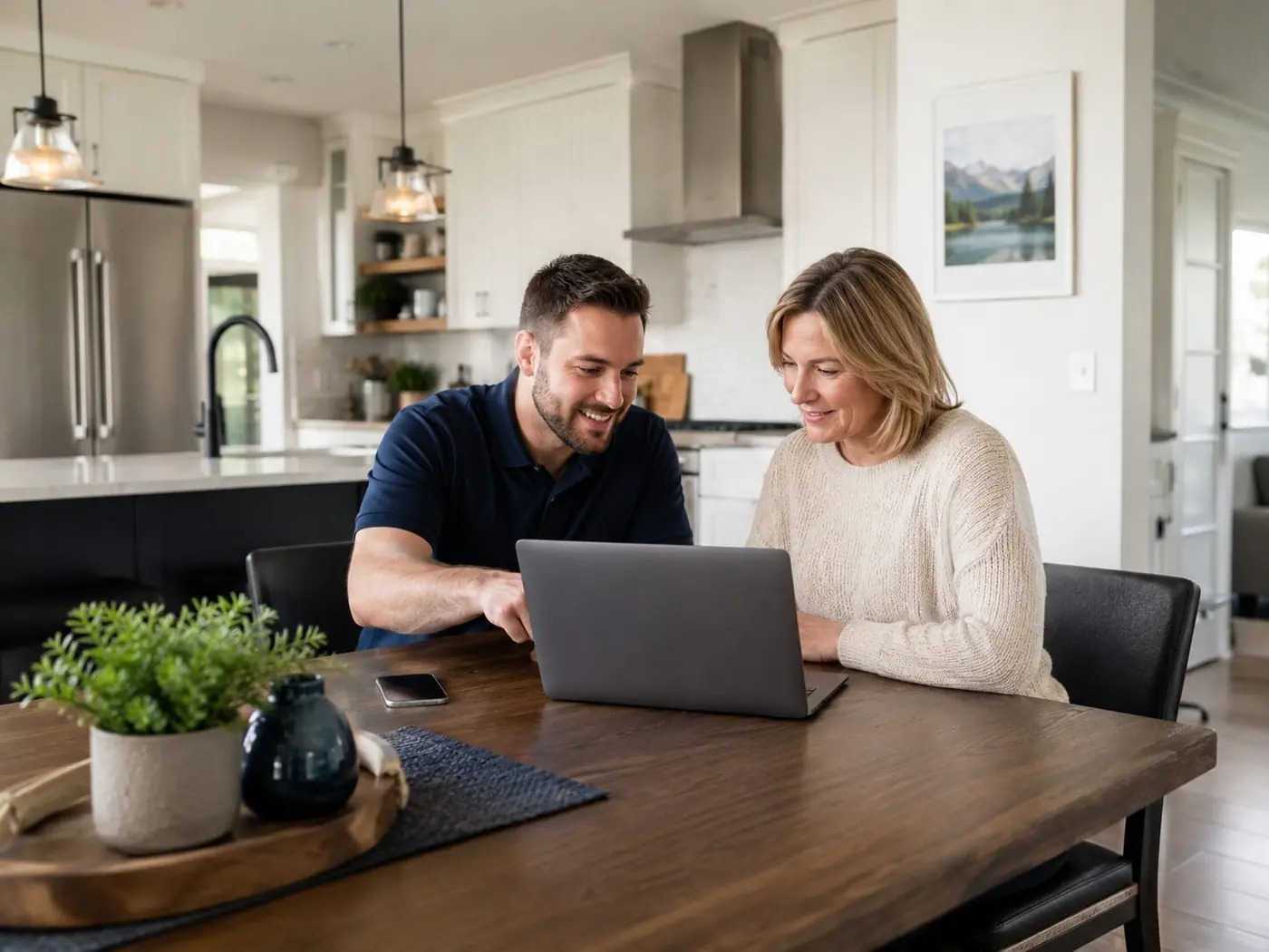 Home computer repair consultation at a kitchen table