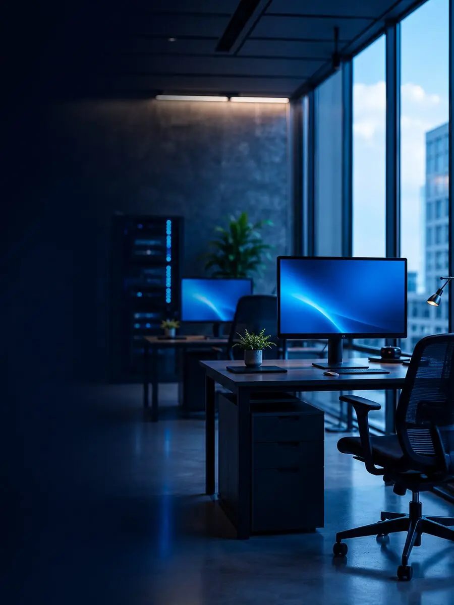 Modern small-business office at dusk with a desktop workstation and server rack