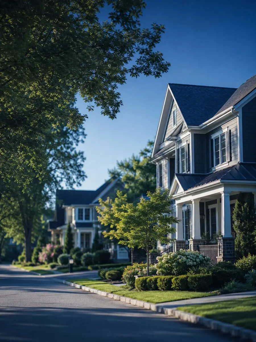 Tree-lined residential street with traditional homes at golden hour