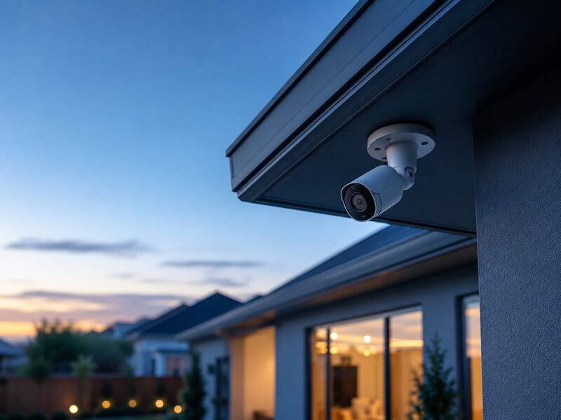 Security camera mounted on a building exterior