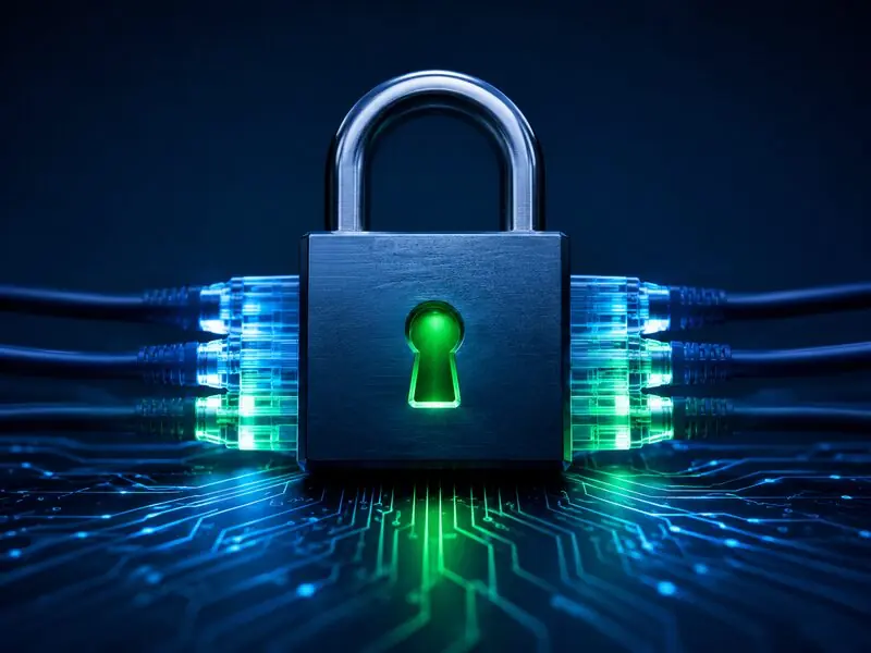 Metal padlock on a circuit board representing system security and protection