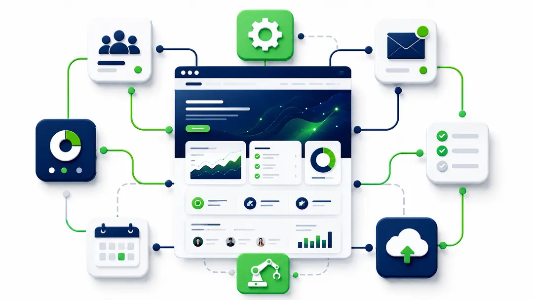 Website connected to business tools including calendar, email, and CRM