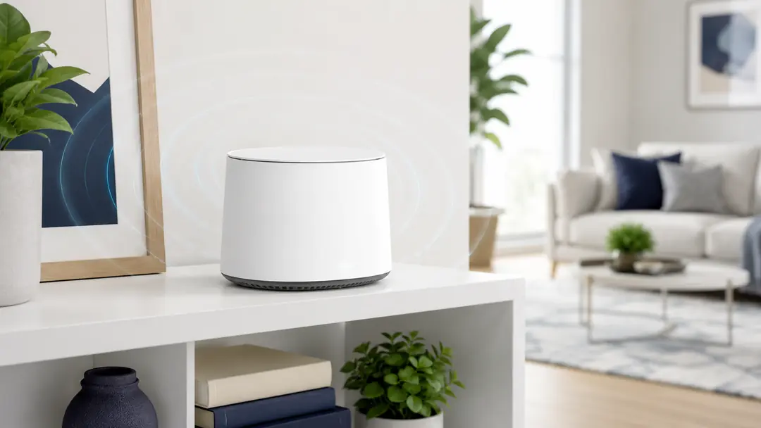 Mesh Wi-Fi router optimizing coverage in a living room